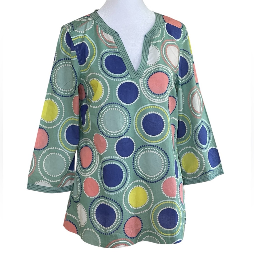 Boden Mint Green Multicolor Circles Tunic Top Sz 2 V Neck 3/4 Sleeves Cotton